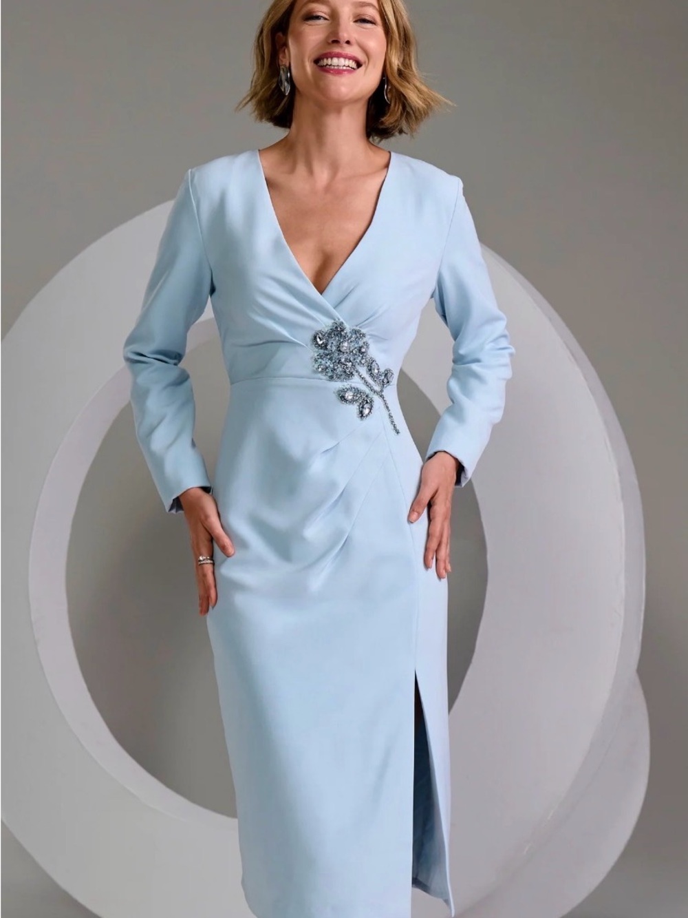 Boston Proper Pale Blue V-Neck Long Sleeve Dress with Beaded Applique